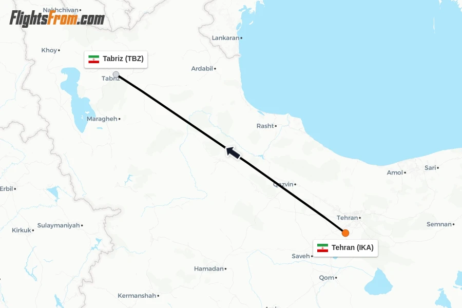 Flights from Tehran to Tabriz route map
