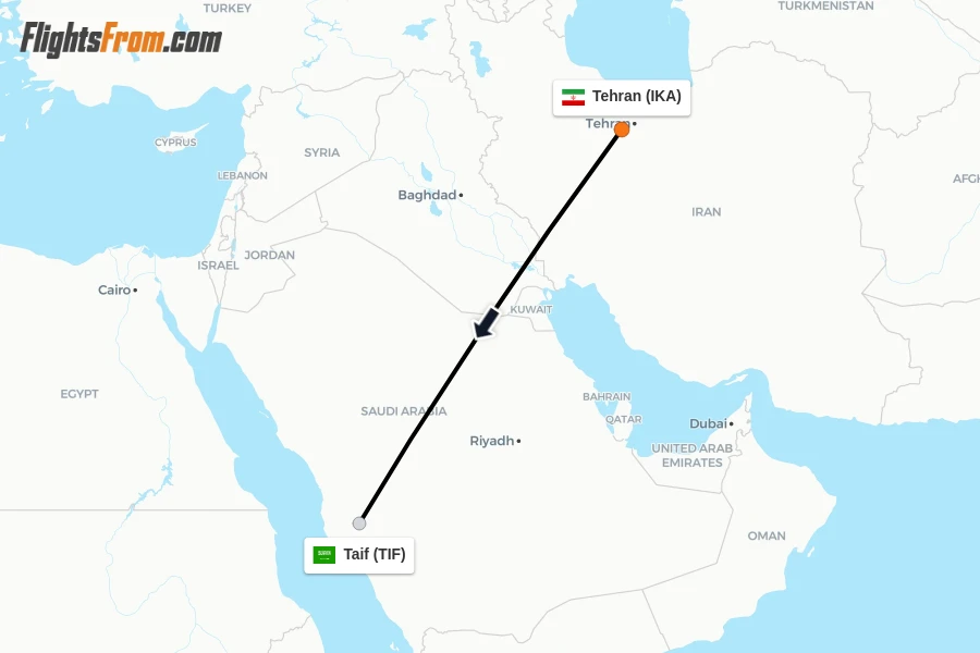 Flights from Tehran to Taif route map