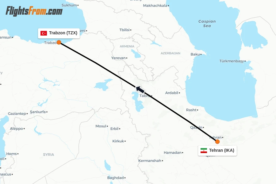 Flights from Tehran to Trabzon route map