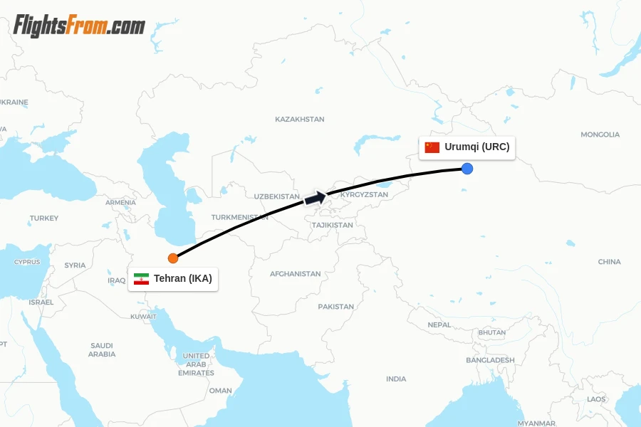 Flights from Tehran to Urumqi route map