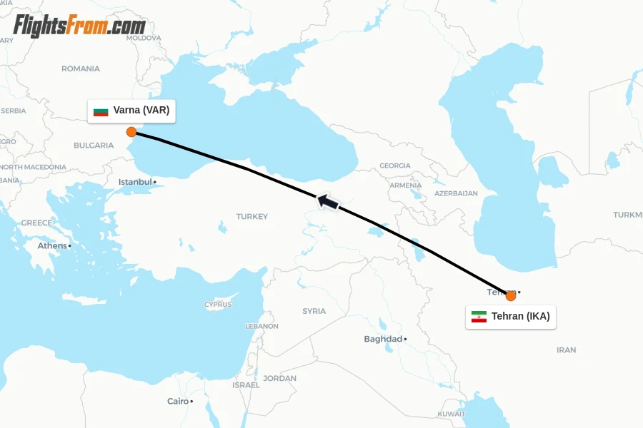 Flights from Tehran to Varna route map