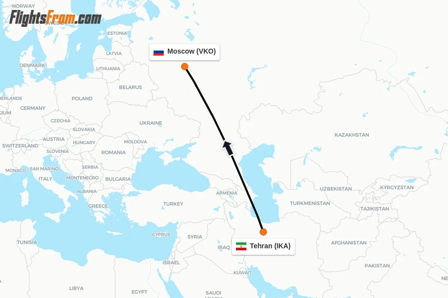 Flights from Tehran to Moscow route map