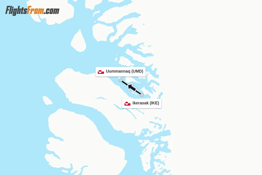 Flights from Ikerasak to Uummannaq route map