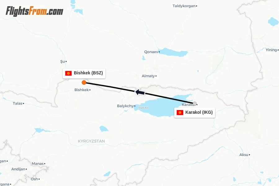 Flights from Karakol to Bishkek route map