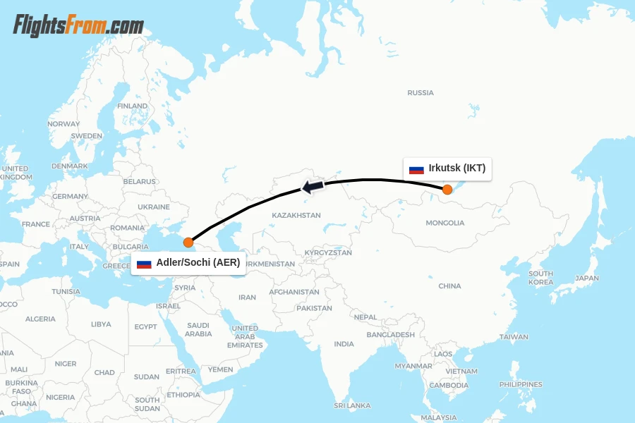 Flights from Irkutsk to Adler/Sochi route map