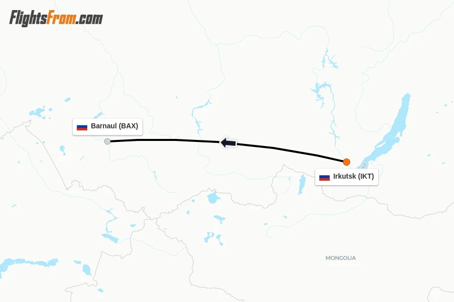 Flights from Irkutsk to Barnaul route map