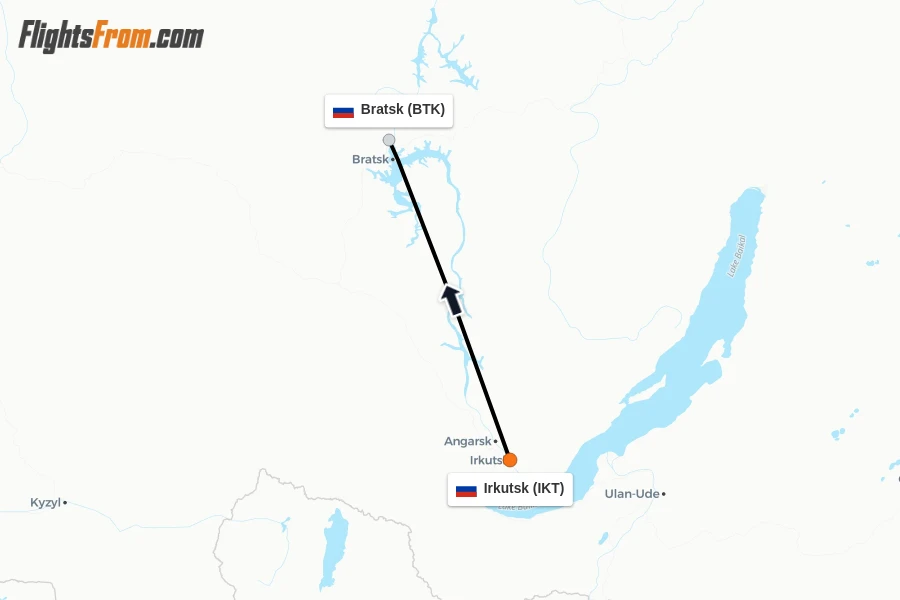 Flights from Irkutsk to Bratsk route map