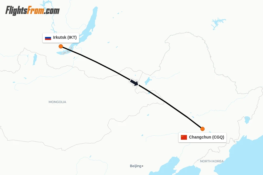 Flights from Irkutsk to Changchun route map
