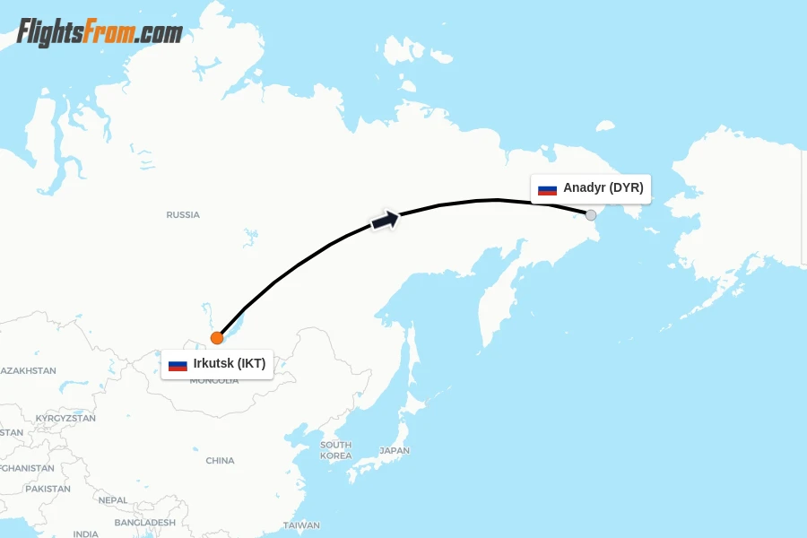 Flights from Irkutsk to Anadyr route map