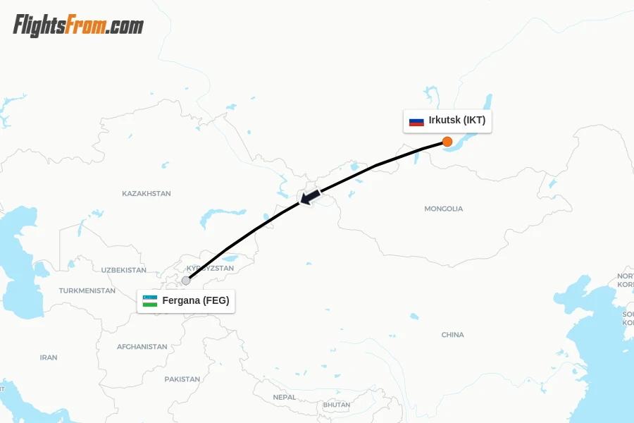 Flights from Irkutsk to Fergana route map