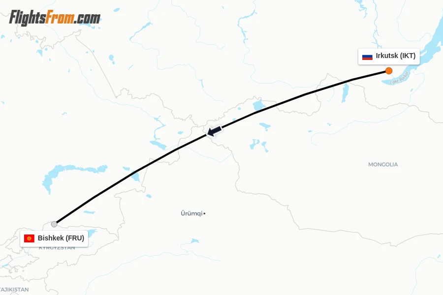 Flights from Irkutsk to Bishkek route map
