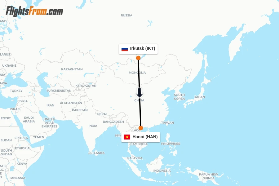 Flights from Irkutsk to Hanoi route map