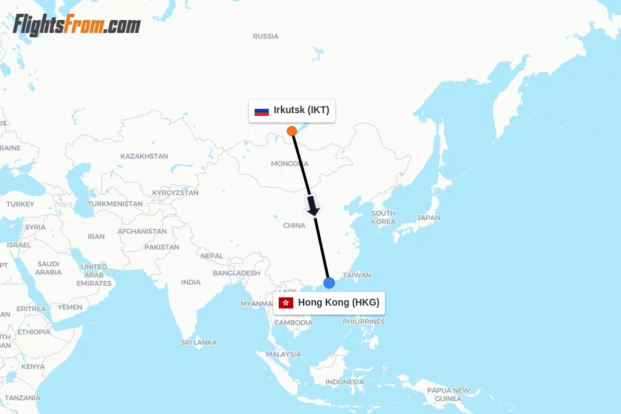 Flights from Irkutsk to Hong Kong route map