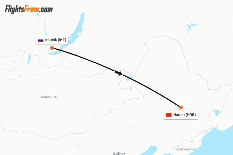 Flights from Irkutsk to Harbin route map
