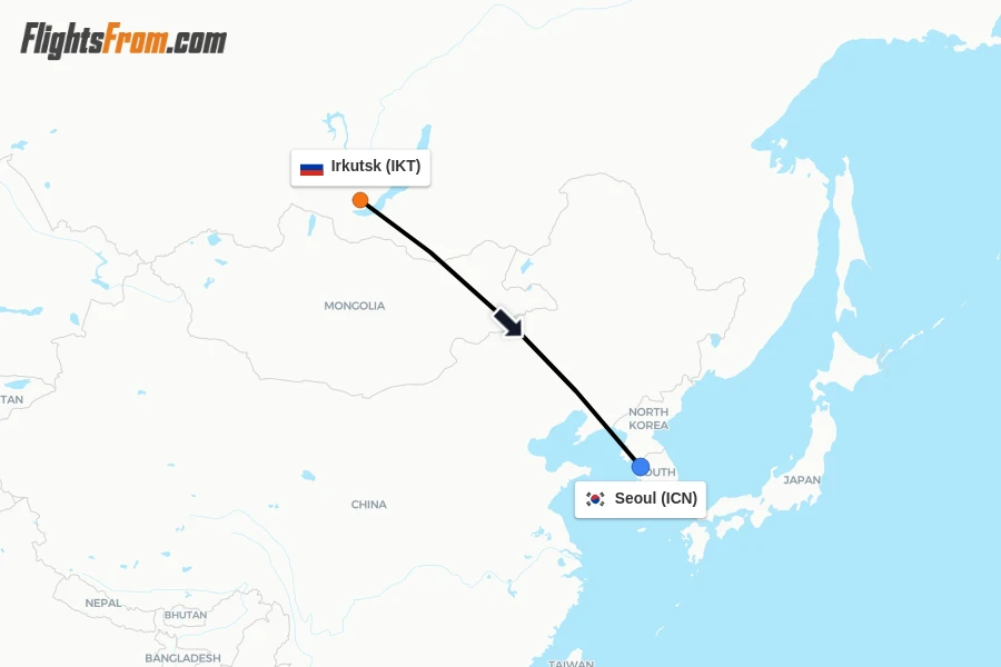 Flights from Irkutsk to Seoul route map