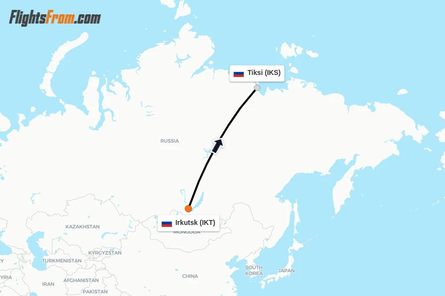 Flights from Irkutsk to Tiksi route map