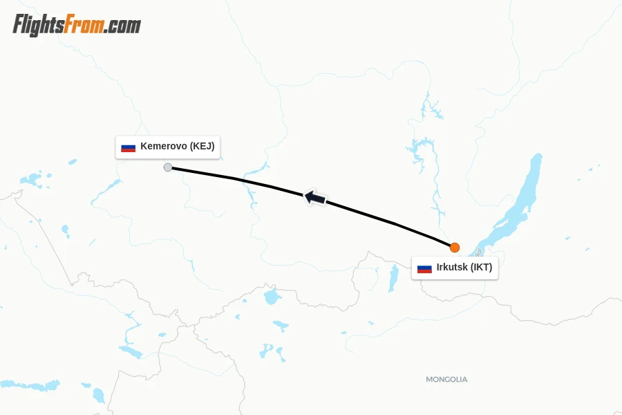 Flights from Irkutsk to Kemerovo route map