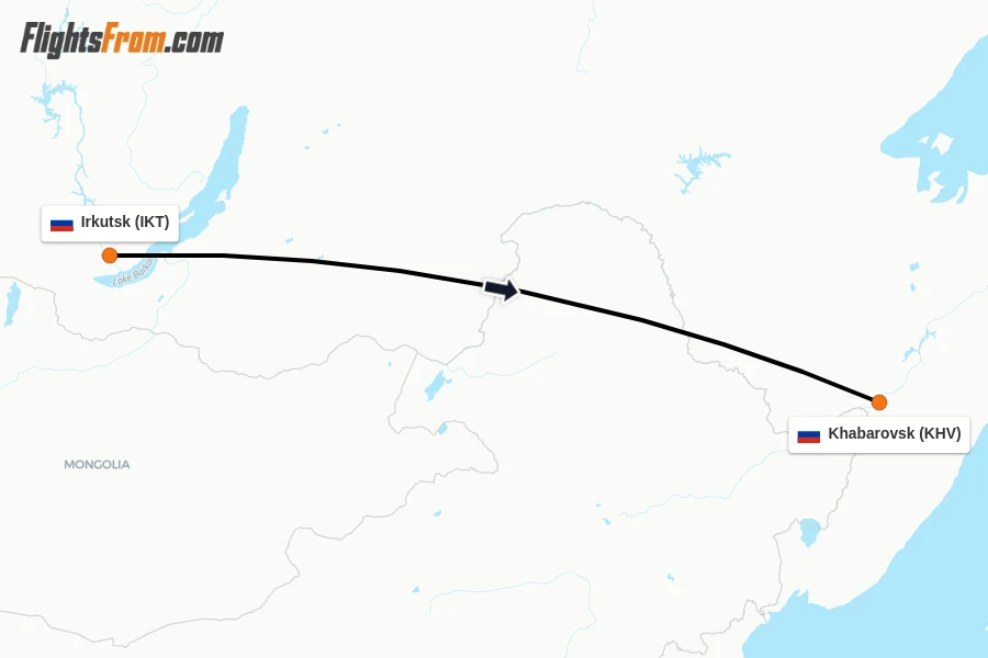 Flights from Irkutsk to Khabarovsk route map