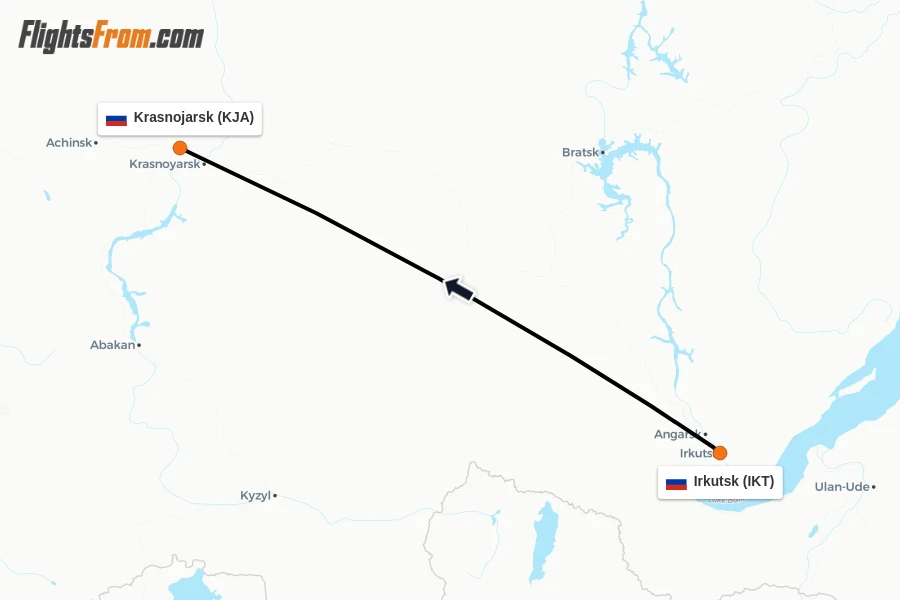 Flights from Irkutsk to Krasnojarsk route map