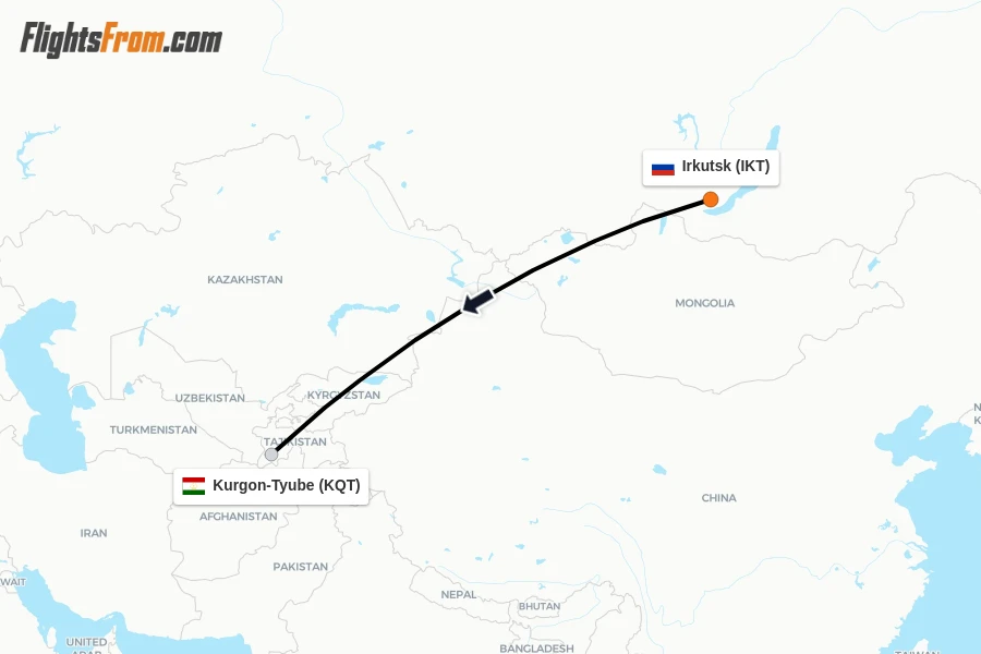Flights from Irkutsk to Kurgon-Tyube route map