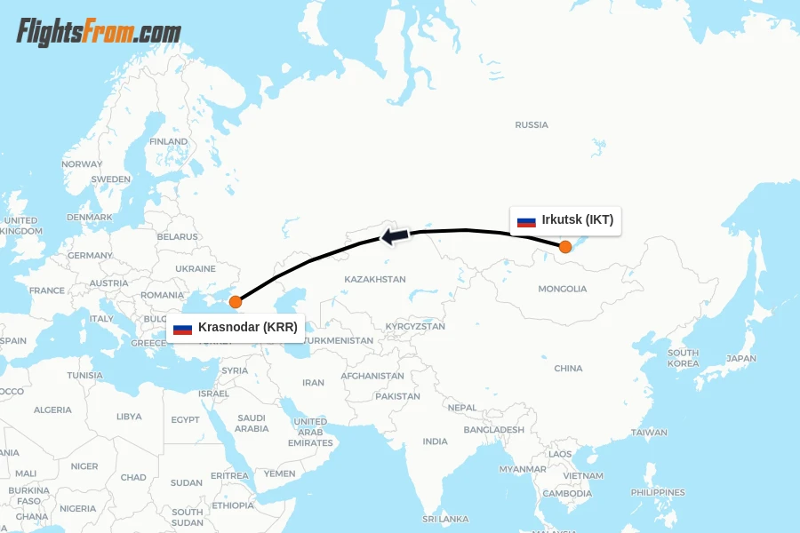 Flights from Irkutsk to Krasnodar route map