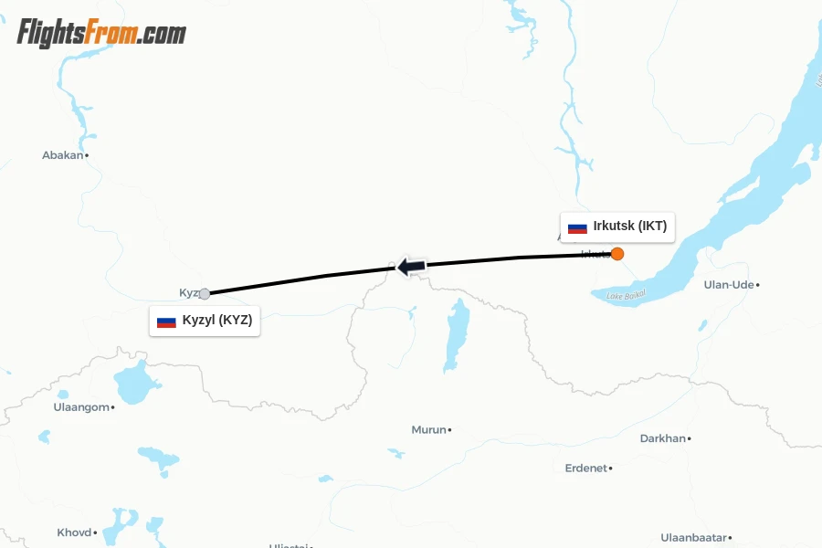 Flights from Irkutsk to Kyzyl route map