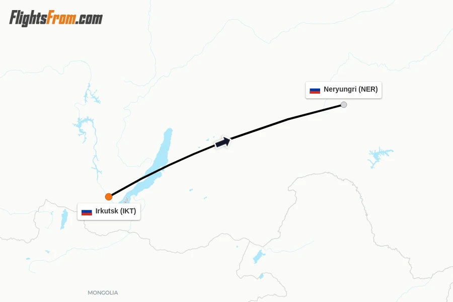 Flights from Irkutsk to Neryungri route map