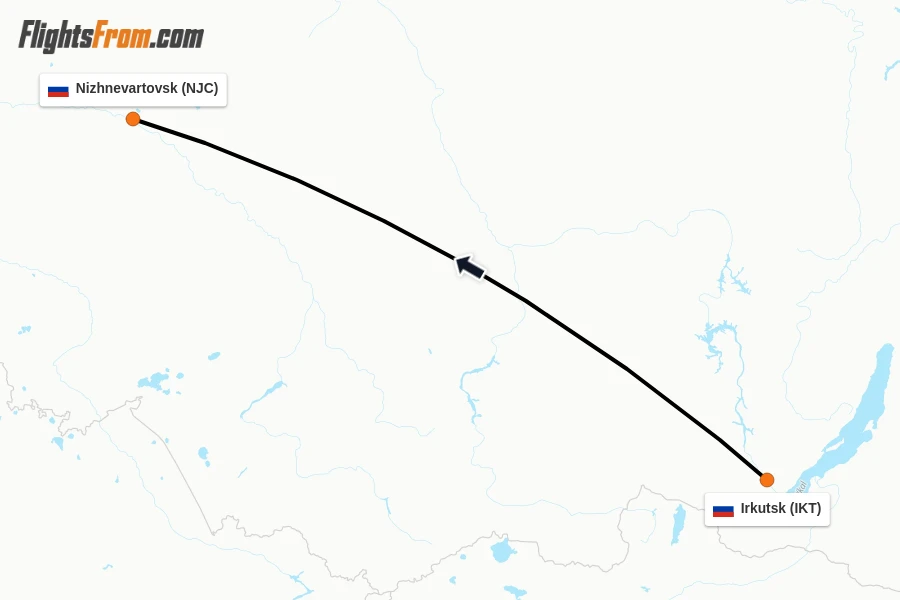 Flights from Irkutsk to Nizhnevartovsk route map
