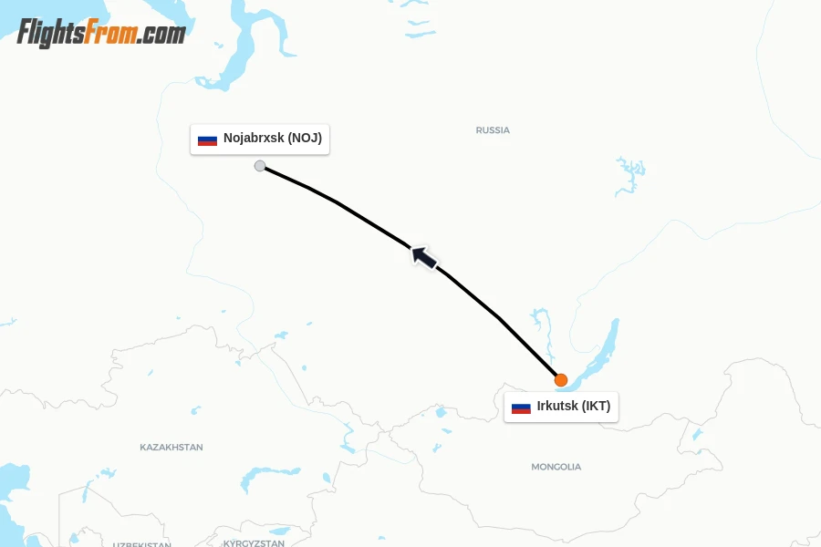 Flights from Irkutsk to Nojabrxsk route map