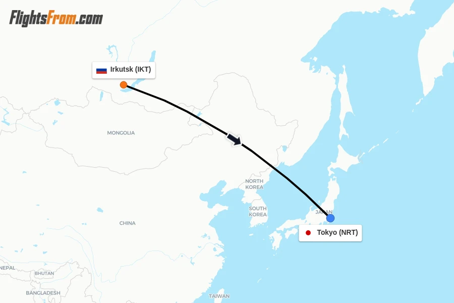 Flights from Irkutsk to Tokyo route map