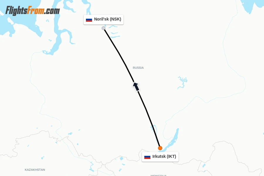 Flights from Irkutsk to Noril'sk route map