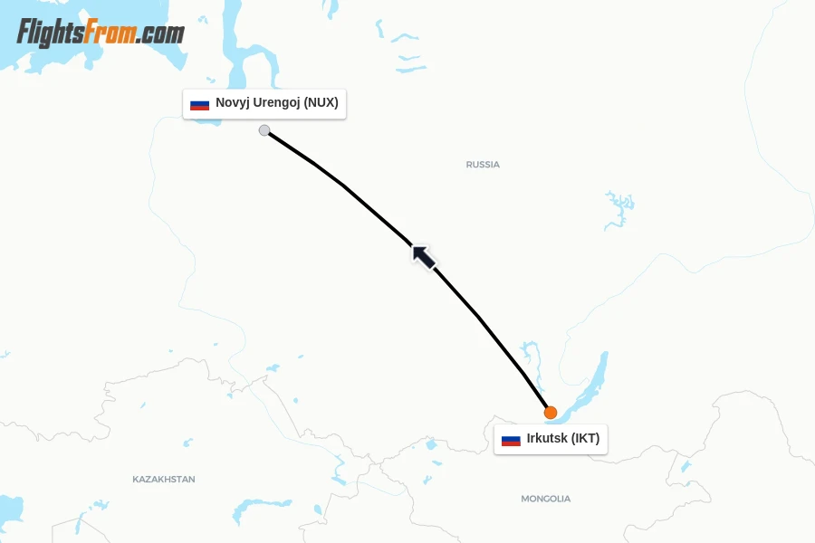 Flights from Irkutsk to Novyj Urengoj route map