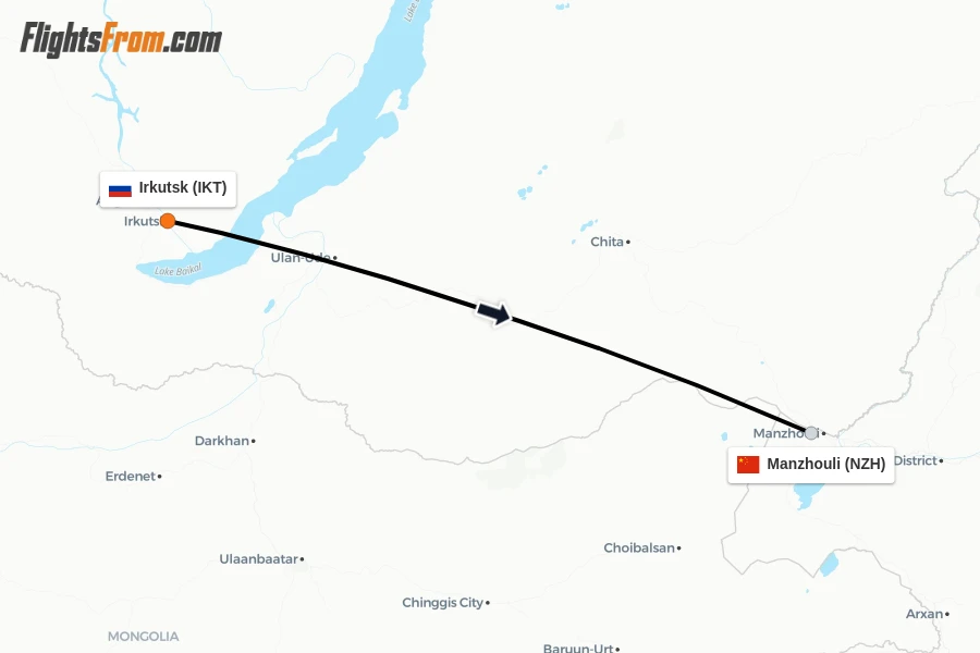 Flights from Irkutsk to Manzhouli route map