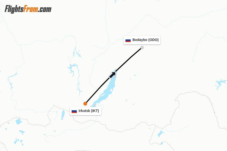 Flights from Irkutsk to Bodaybo route map