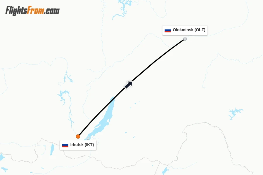 Flights from Irkutsk to Olokminsk route map
