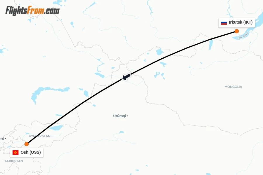 Flights from Irkutsk to Osh route map