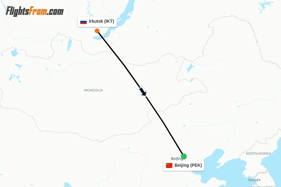 Flights from Irkutsk to Beijing route map