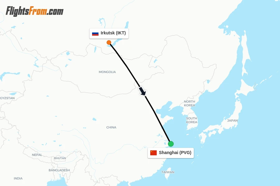 Flights from Irkutsk to Shanghai route map