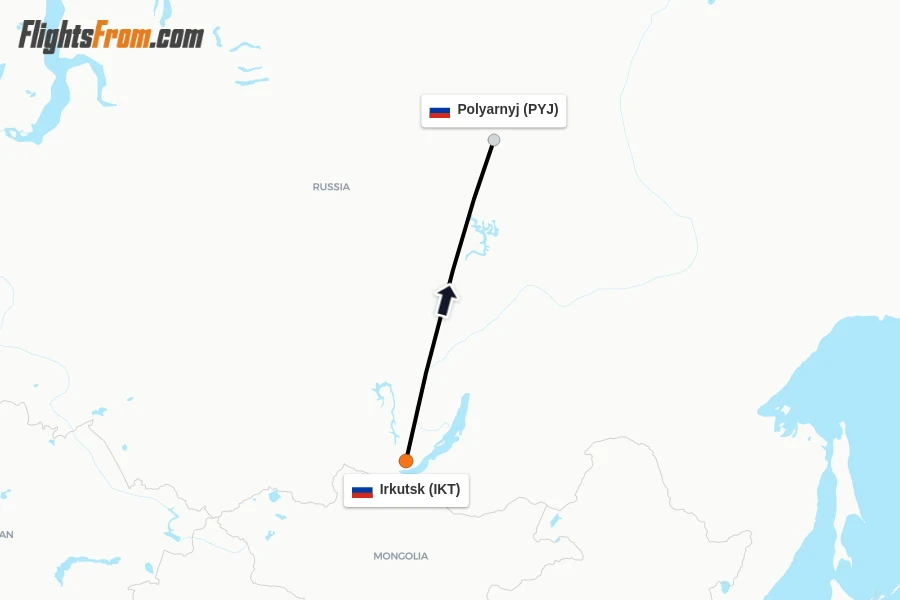 Flights from Irkutsk to Polyarnyj route map