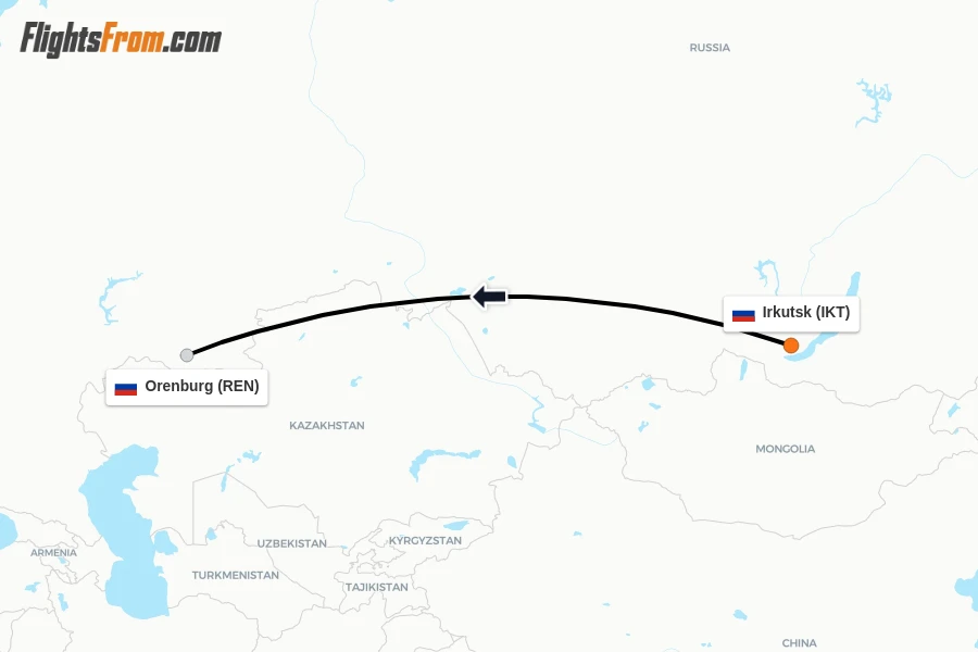 Flights from Irkutsk to Orenburg route map