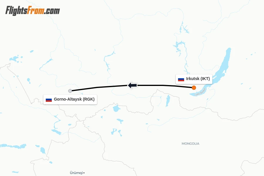 Flights from Irkutsk to Gorno-Altaysk route map