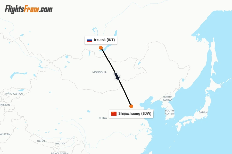 Flights from Irkutsk to Shijiazhuang route map