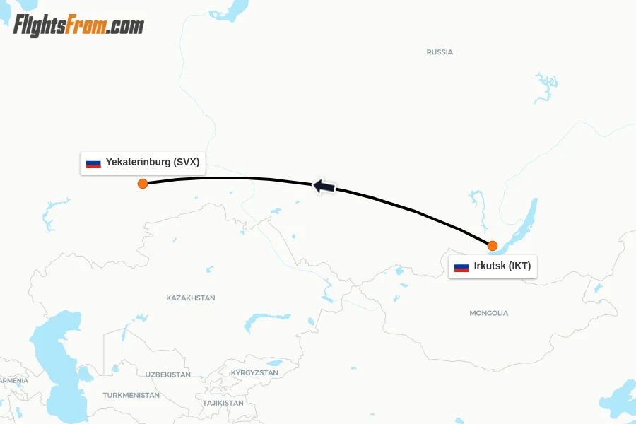 Flights from Irkutsk to Yekaterinburg route map