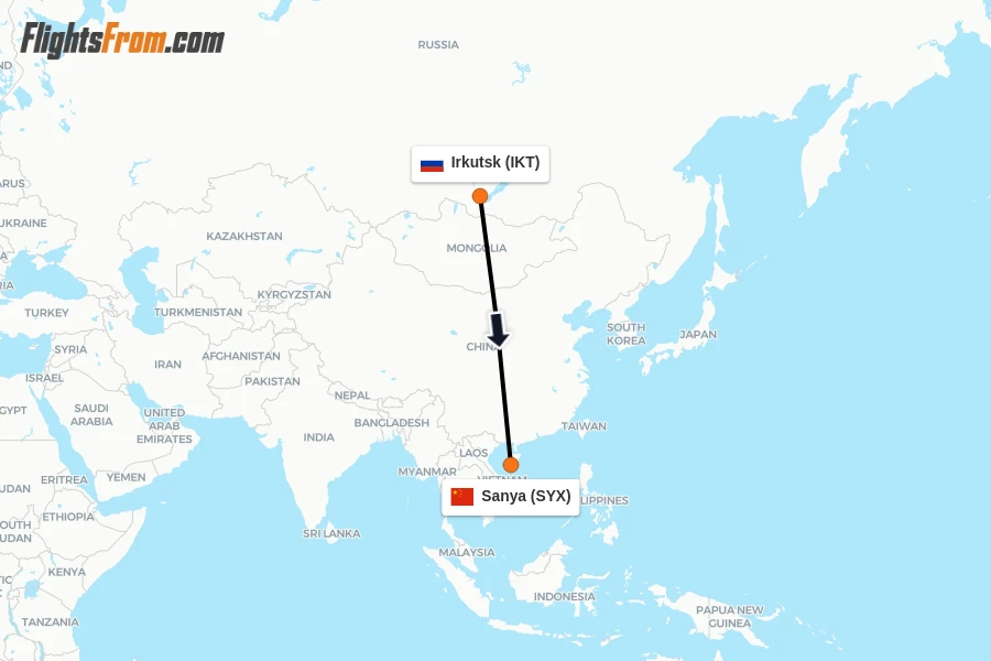 Flights from Irkutsk to Sanya route map