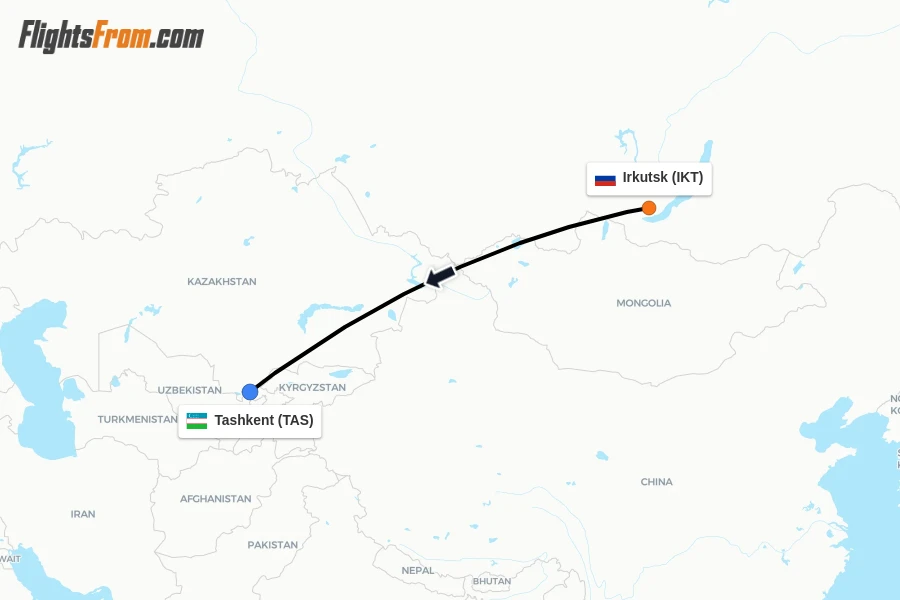 Flights from Irkutsk to Tashkent route map