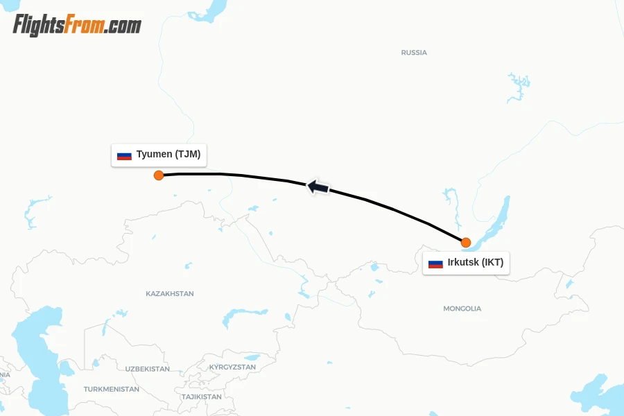 Flights from Irkutsk to Tyumen route map