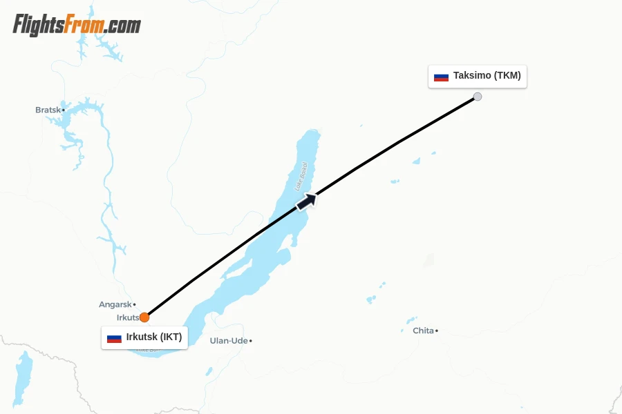 Flights from Irkutsk to Taksimo route map