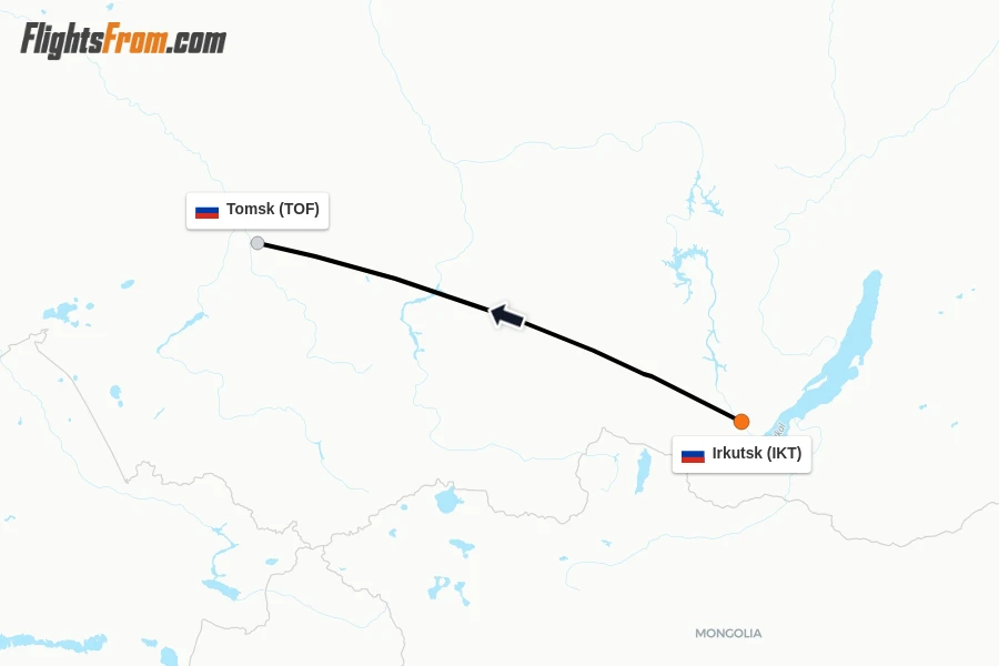 Flights from Irkutsk to Tomsk route map