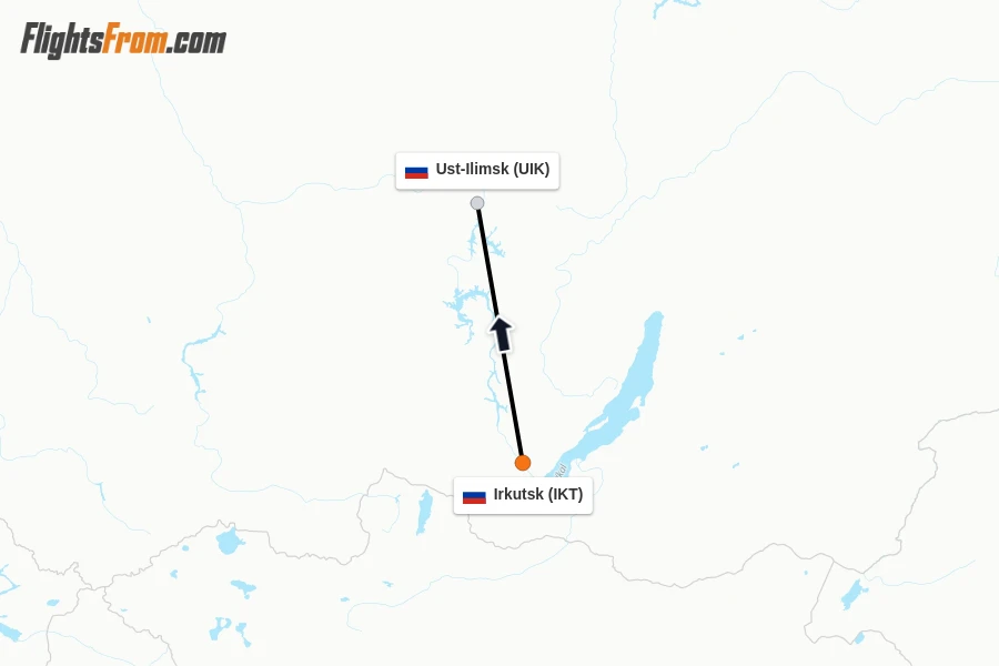 Flights from Irkutsk to Ust-Ilimsk route map
