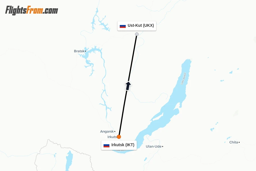 Flights from Irkutsk to Ust-Kut route map